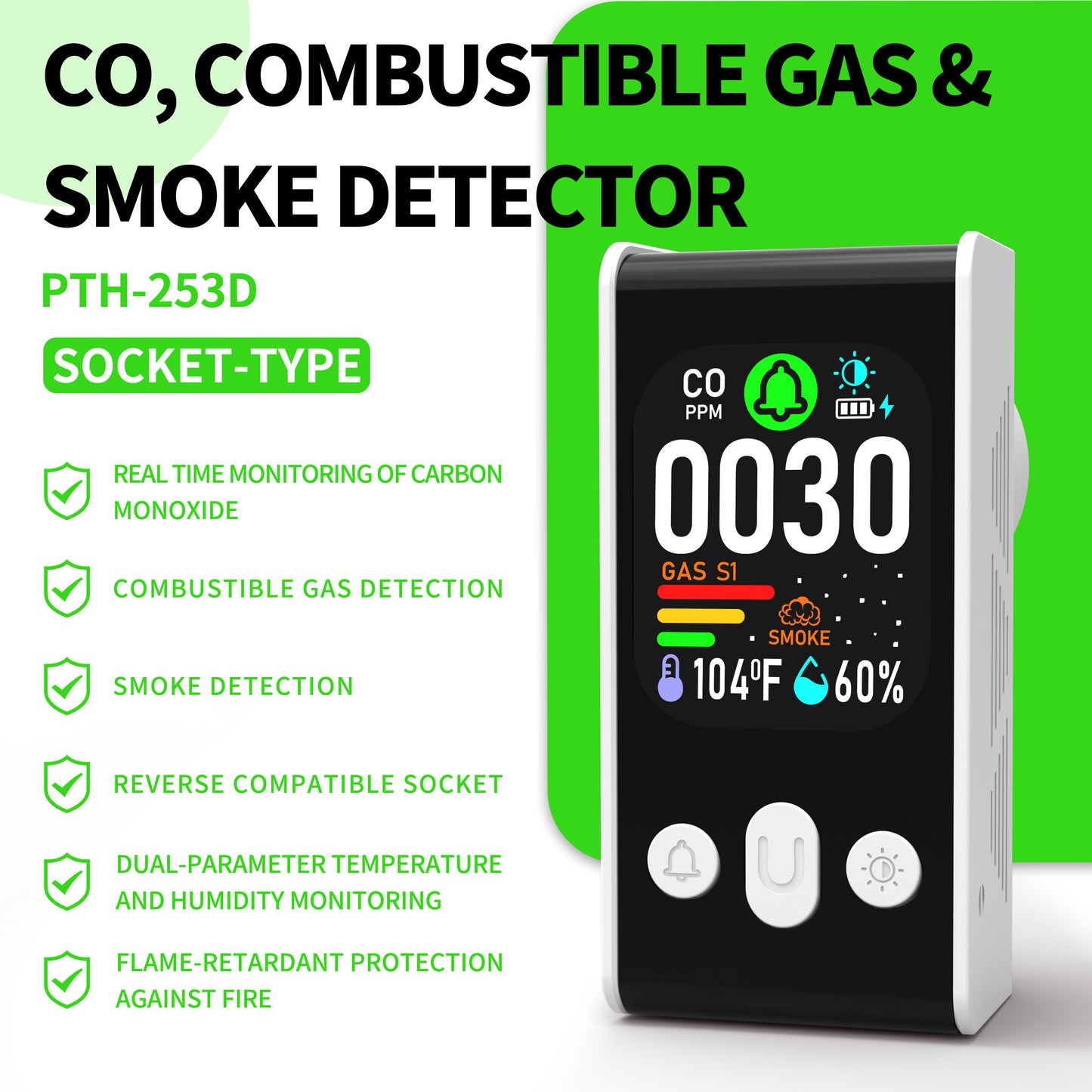 253 D Plug in All-in-One CO, Gas & Smoke Detector with battery backup Portable Real-Time Monitoring & Smart Socket alarm suitable for home & RVs and hotels