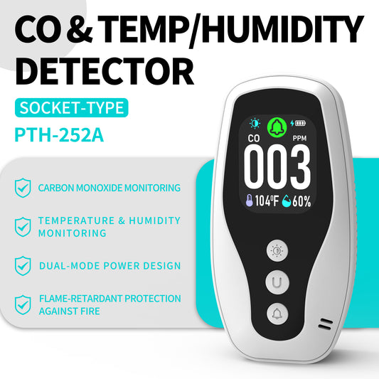 Protmex 3 in 1 Carbon Monoxide Detector and Temperature Humidity Monitor - Socket-Type Plug-in Alarm with Dual Power Modes & Flame Retardant, for Home, Bedroom, Office Safety