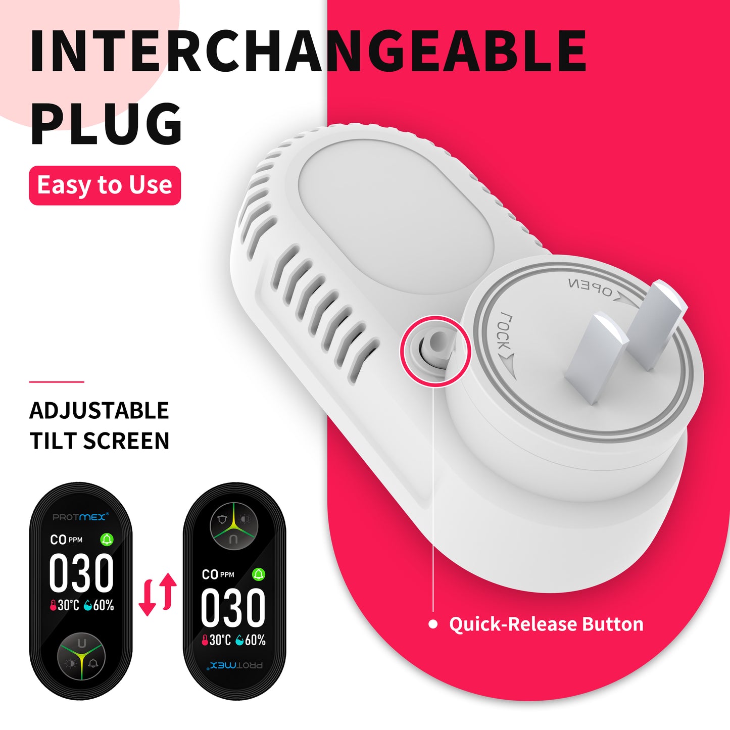 Protmex 4-in-1 Carbon Monoxide & Gas Detectors Plug in, Home CO Gas Detector with Temperature & Humidity Monitoring - Large Screen 4 in 1 CO and Gas Detector