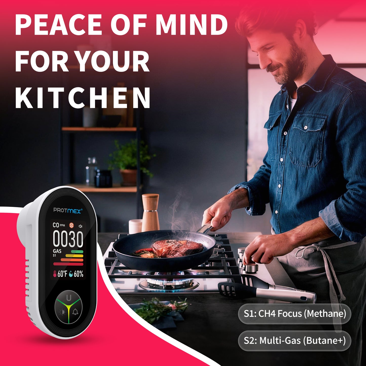 Protmex 4-in-1 Carbon Monoxide & Gas Detectors Plug in, Home CO Gas Detector with Temperature & Humidity Monitoring - Large Screen 4 in 1 CO and Gas Detector