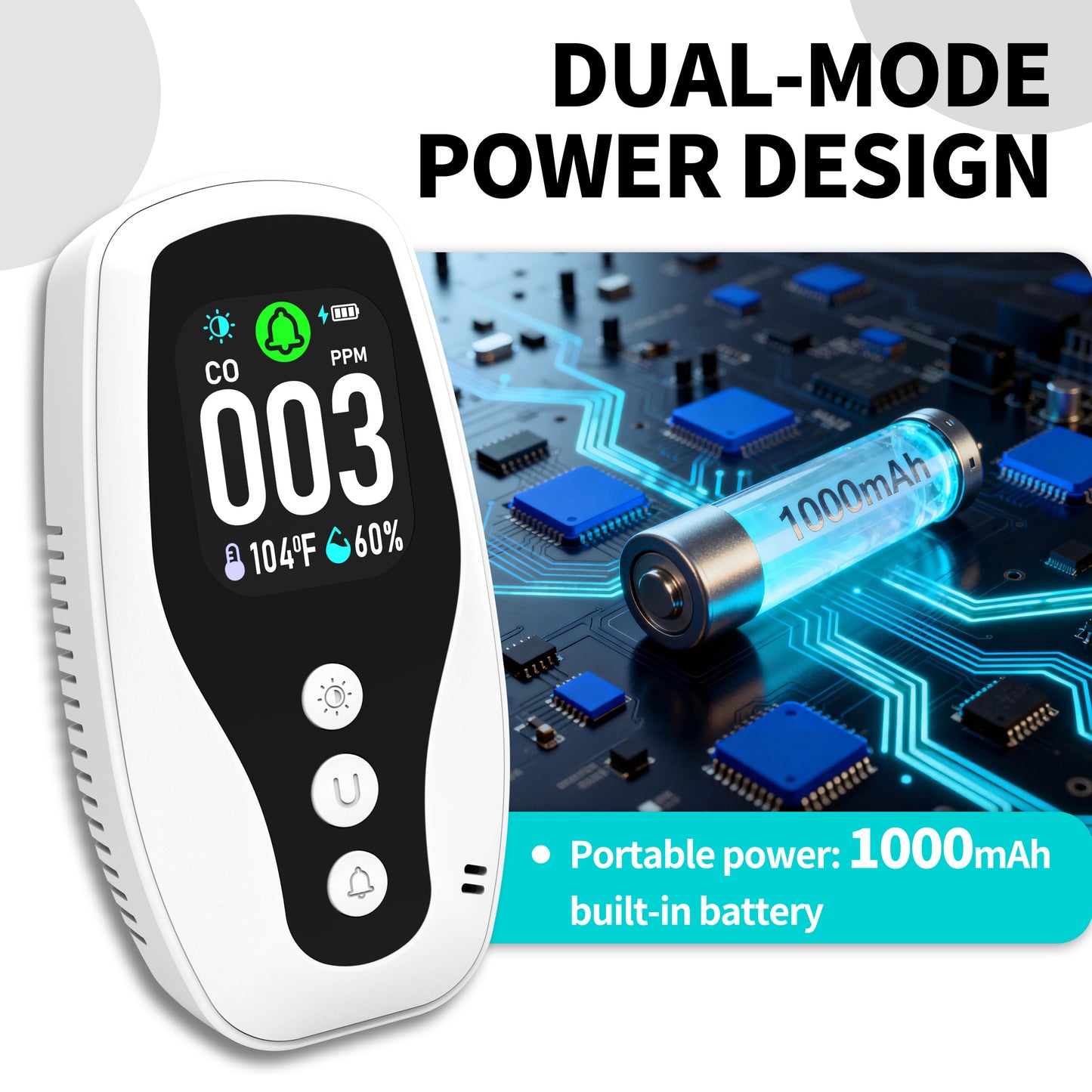 Protmex 3 in 1 Carbon Monoxide Detector and Temperature Humidity Monitor - Socket-Type Plug-in Alarm with Dual Power Modes & Flame Retardant, for Home, Bedroom, Office Safety