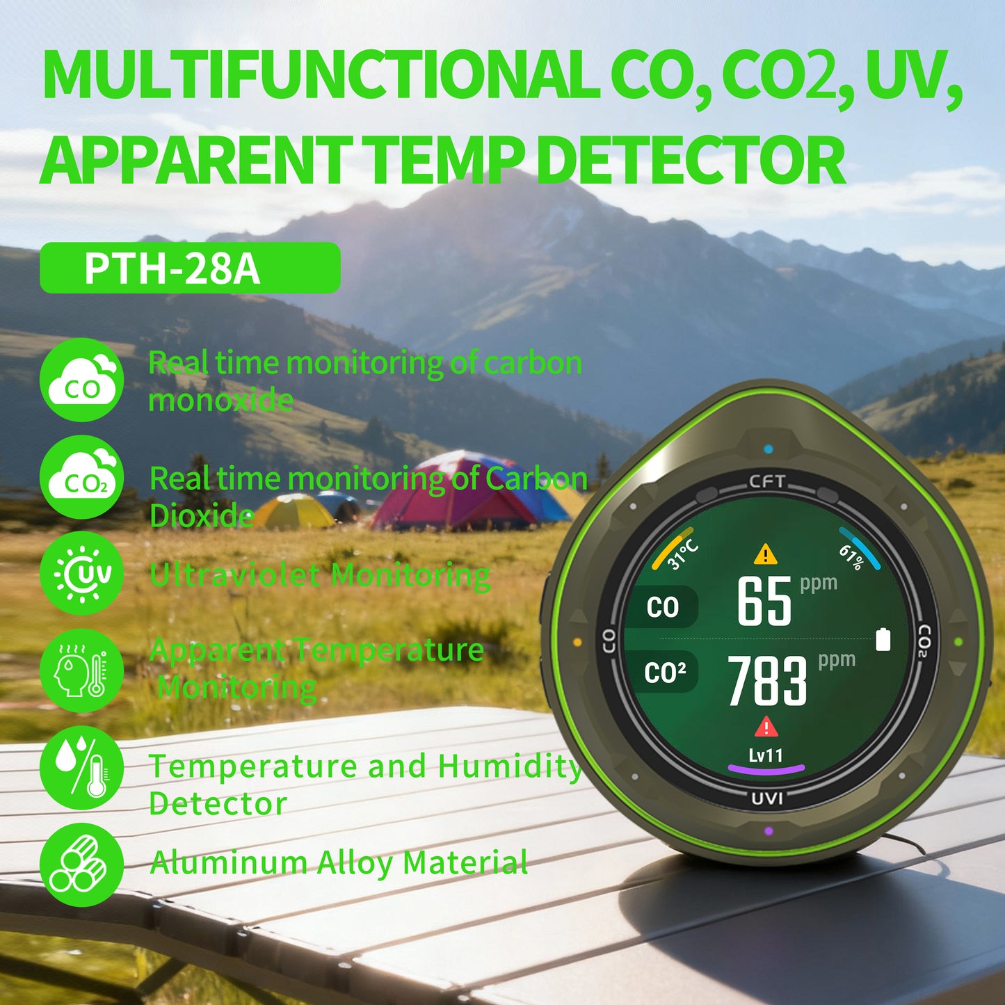 Protmex 5 in 1 Portable Multifunctional Carbon Monoxide CO2 Detector Air Quality Meter Temperature Humidity Meter with Touch Screen UV Radiation Flashlight