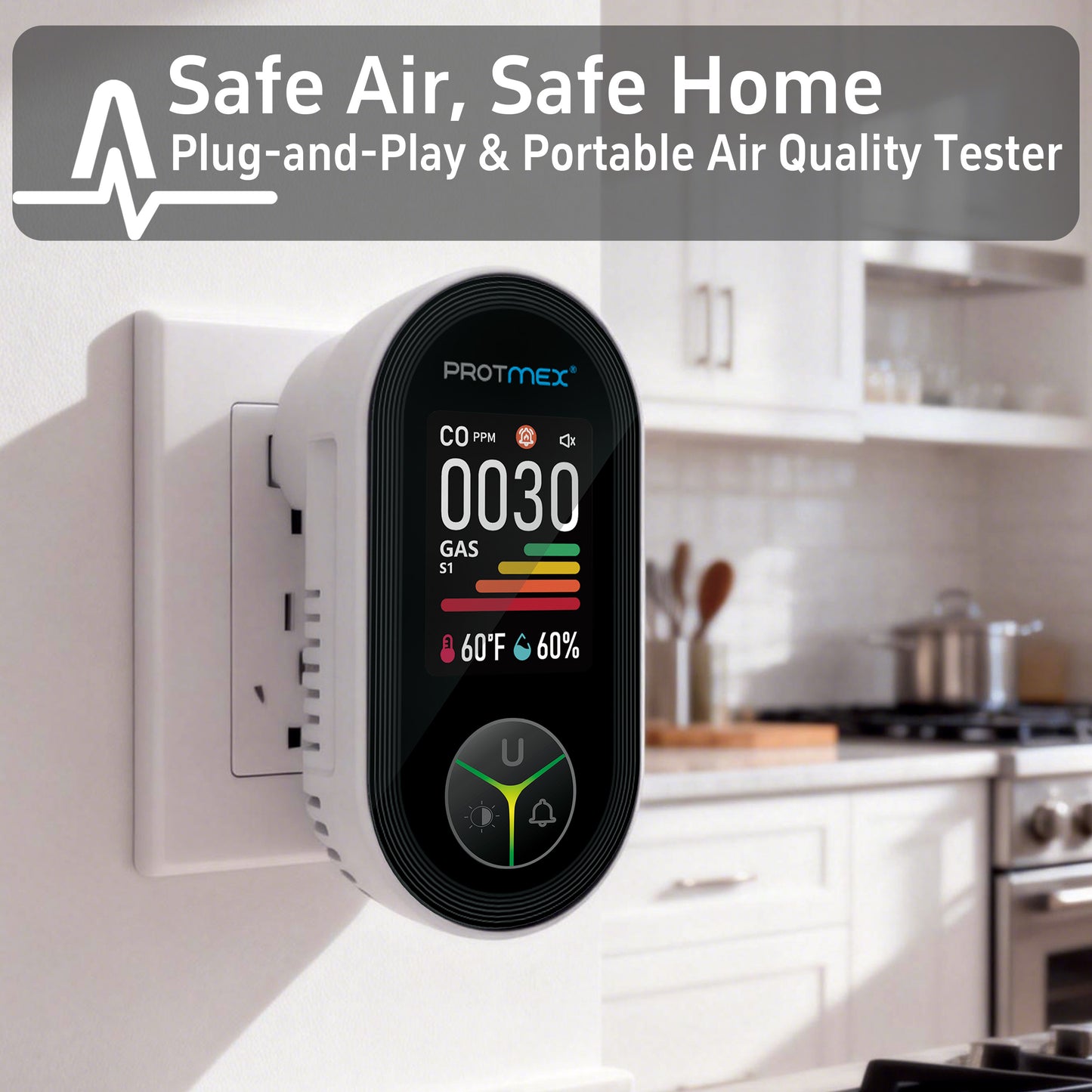 Protmex 4-in-1 Carbon Monoxide & Gas Detectors Plug in, Home CO Gas Detector with Temperature & Humidity Monitoring - Large Screen 4 in 1 CO and Gas Detector